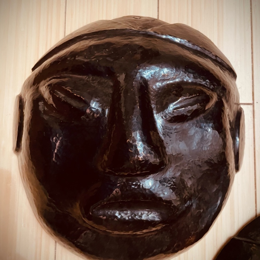 2 VTG RARE Hammered Copper Masks Creepy Aztec Decor 9" Hanging 3D Wall Art - Picture 2 of 9